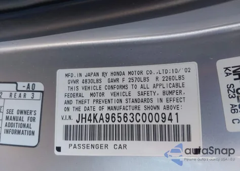 2003 Acura Rl 3.5 z USA, uszkodzony, nr VIN JH4KA96563C000941